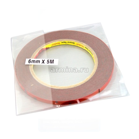 Скотч двусторонний серый "3M" 6 мм х 5 м, красная подложка/60