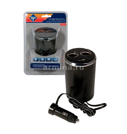 Разветвитель электропитания от прикуривателя "Nova Bright" на 2 гнезда, 1USB, в подст. (39945) /50