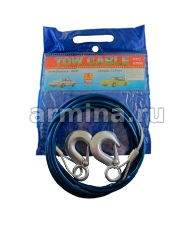 Трос буксировочный металлический в оплетке 6 мм х 4 м, 2 крюка /30