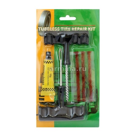 Набор для ремонта бескамерных шин, Т-образный (шило, рашпиль, 3 коричн. жгута, клей) /144